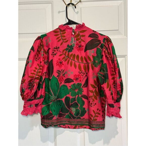 Farm Rio Floral Yard Blush Volumious Puff Half Sleeves High Collar Blouse XS - Picture 12 of 15